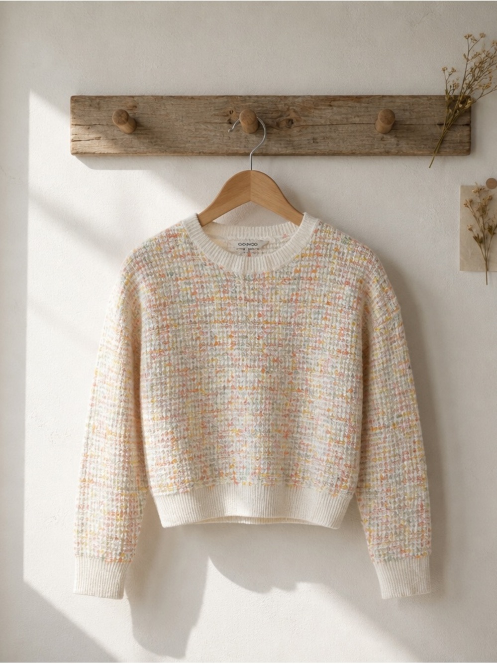 Cream Tweed Crewneck Sweater with Pastel Flecks - Women's